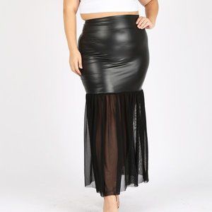 Plus Size Faux Leather Mesh Lace Skirt